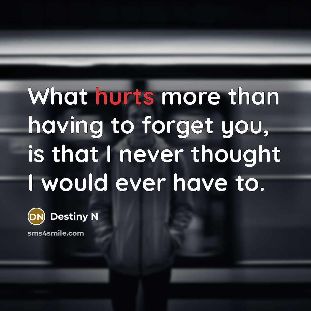 “What hurts more than having to forget you, is that I never thought I would ever have to.” quote by Destiny N