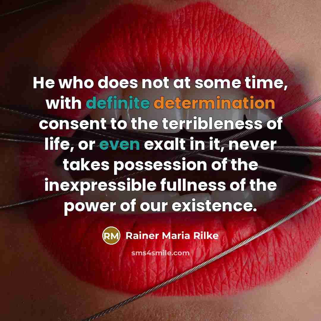 “He who does not at some time, with definite determination consent to the terribleness of life, or even exalt in it, never takes possession of the inexpressible fullness of the power of our existence.” quote by Rainer Maria Rilke