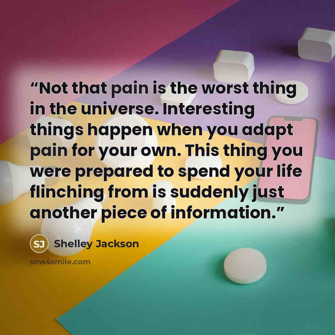 “Not that pain is the worst thing in the universe. Interesting things happen when you adapt pain for your own. This thing you were prepared to spend your life flinching from is suddenly just another piece of information.” quote by Shelley Jackson