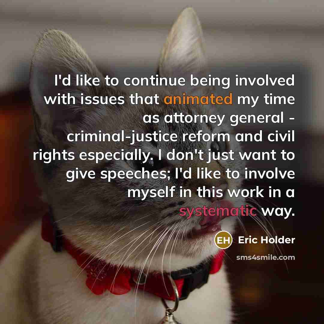“I'd like to continue being involved with issues that animated my time as attorney general - criminal-justice reform and civil rights especially. I don't just want to give speeches; I'd like to involve myself in this work in a systematic way.” quote by Eric Holder