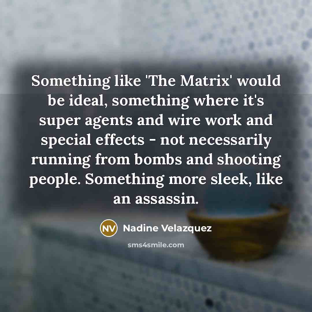 “Something like 'The Matrix' would be ideal, something where it's super agents and wire work and special effects - not necessarily running from bombs and shooting people. Something more sleek, like an assassin.” quote by Nadine Velazquez