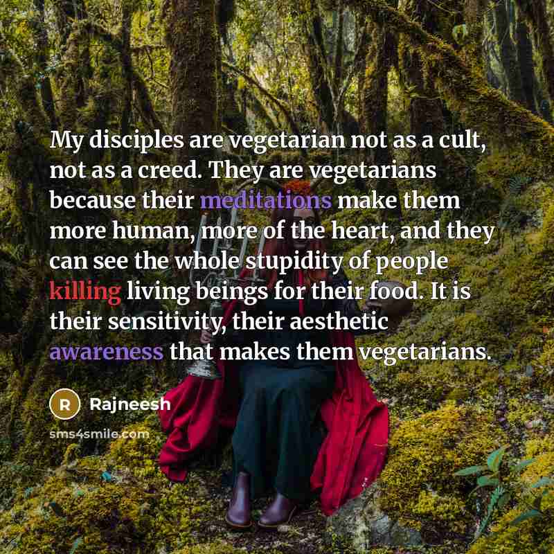 “My disciples are vegetarian not as a cult, not as a creed. They are vegetarians because their meditations make them more human, more of the heart, and they can see the whole stupidity of people killing living beings for their food. It is their sensitivity, their aesthetic awareness that makes them…” quote by Rajneesh