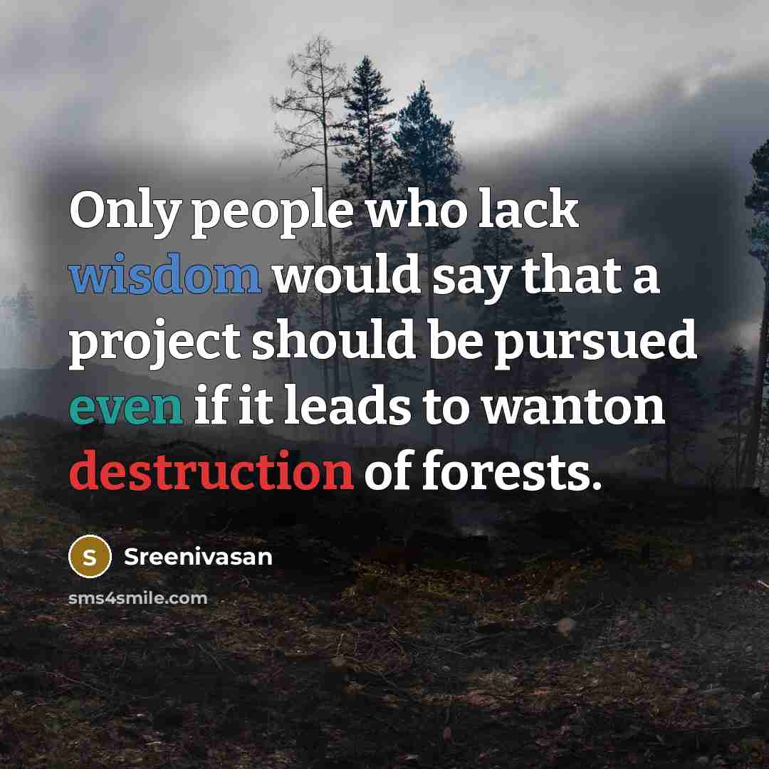 “Only people who lack wisdom would say that a project should be pursued even if it leads to wanton destruction of forests.” quote by Sreenivasan