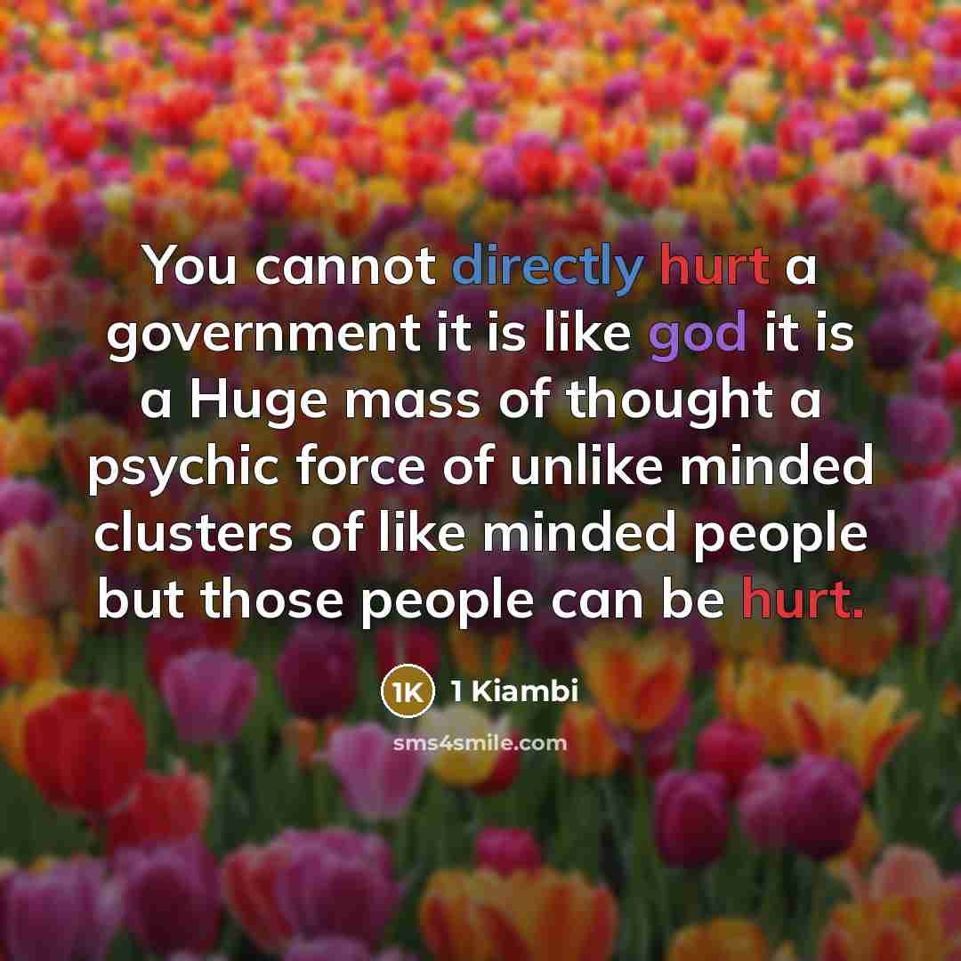 “You cannot directly hurt a government it is like god it is a Huge mass of thought a psychic force of unlike minded clusters of like minded people but those people can be hurt.” quote by 1 Kiambi