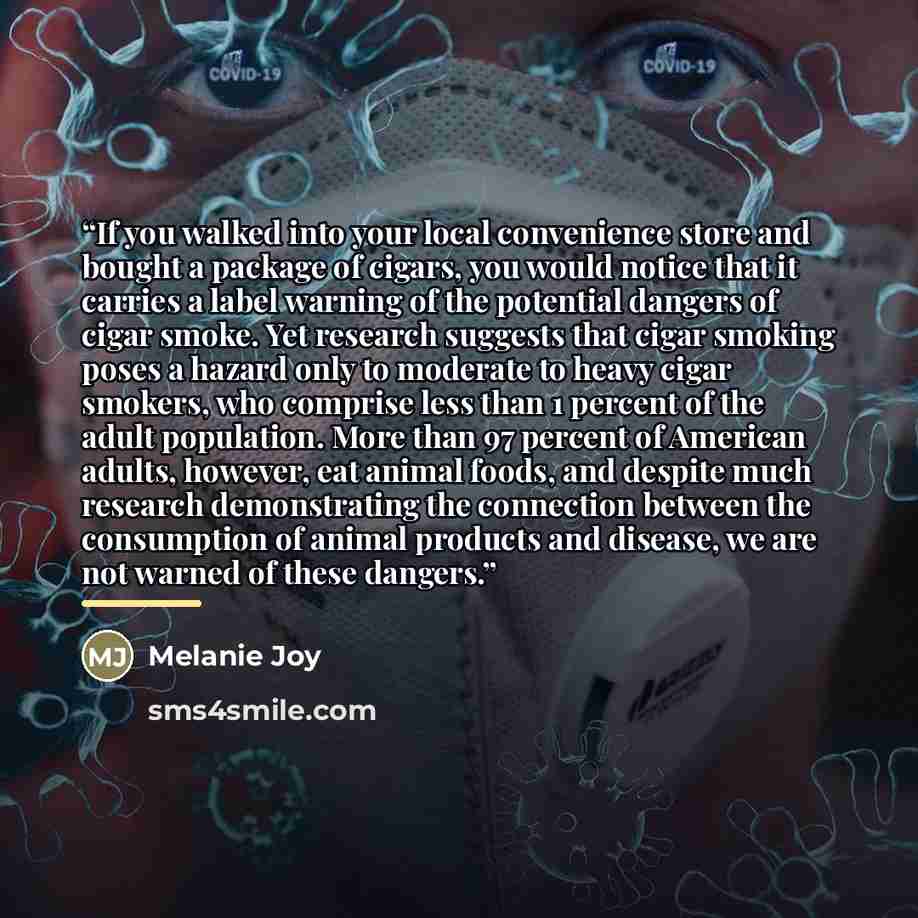 “If you walked into your local convenience store and bought a package of cigars, you would notice that it carries a label warning of the potential dangers of cigar smoke. Yet research suggests that cigar smoking poses a hazard only to moderate to heavy cigar smokers, who comprise less than 1…” quote by Melanie Joy