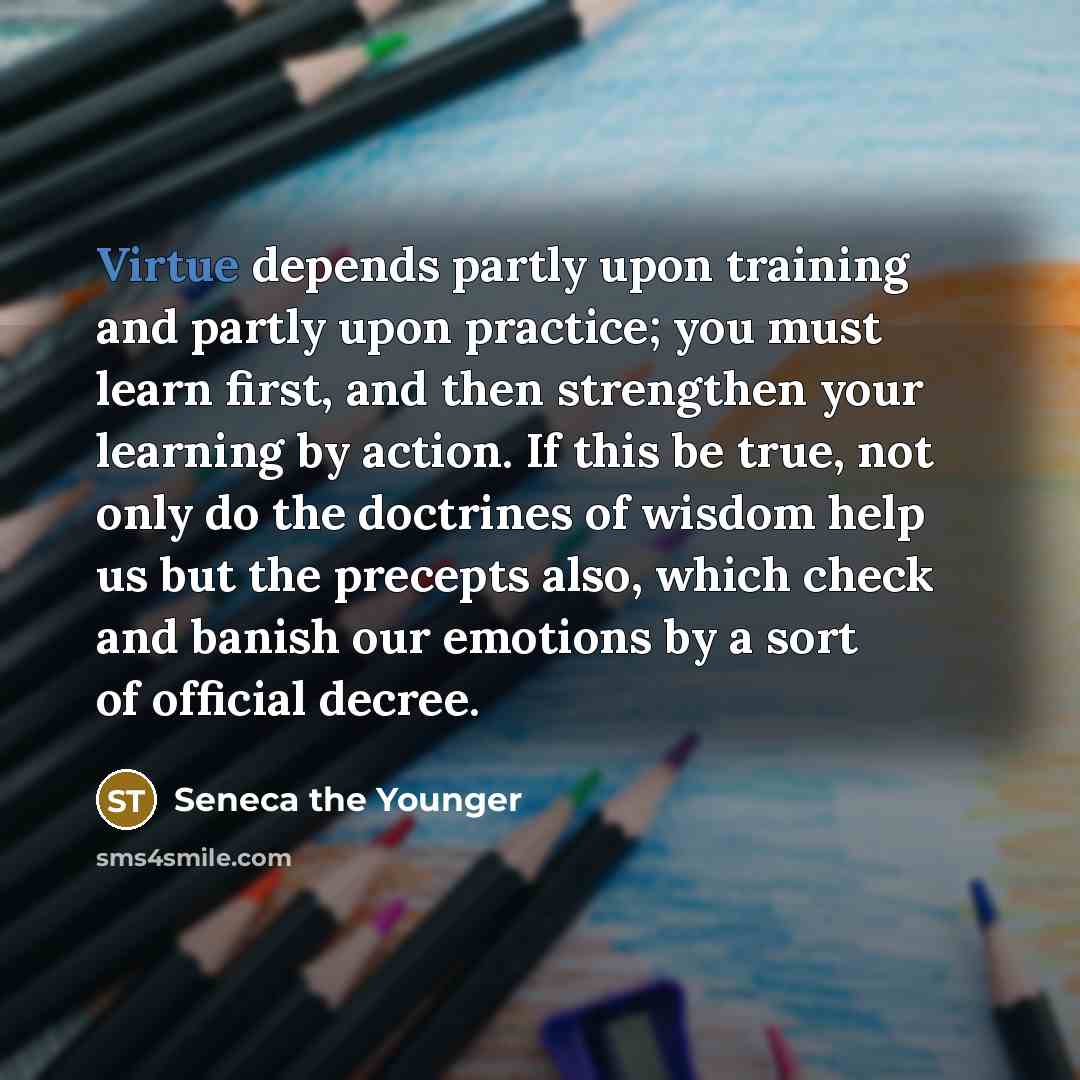 “Virtue depends partly upon training and partly upon practice; you must learn first, and then strengthen your learning by action. If this be true, not only do the doctrines of wisdom help us but the precepts also, which check and banish our emotions by a sort of official decree.” quote by Seneca the Younger