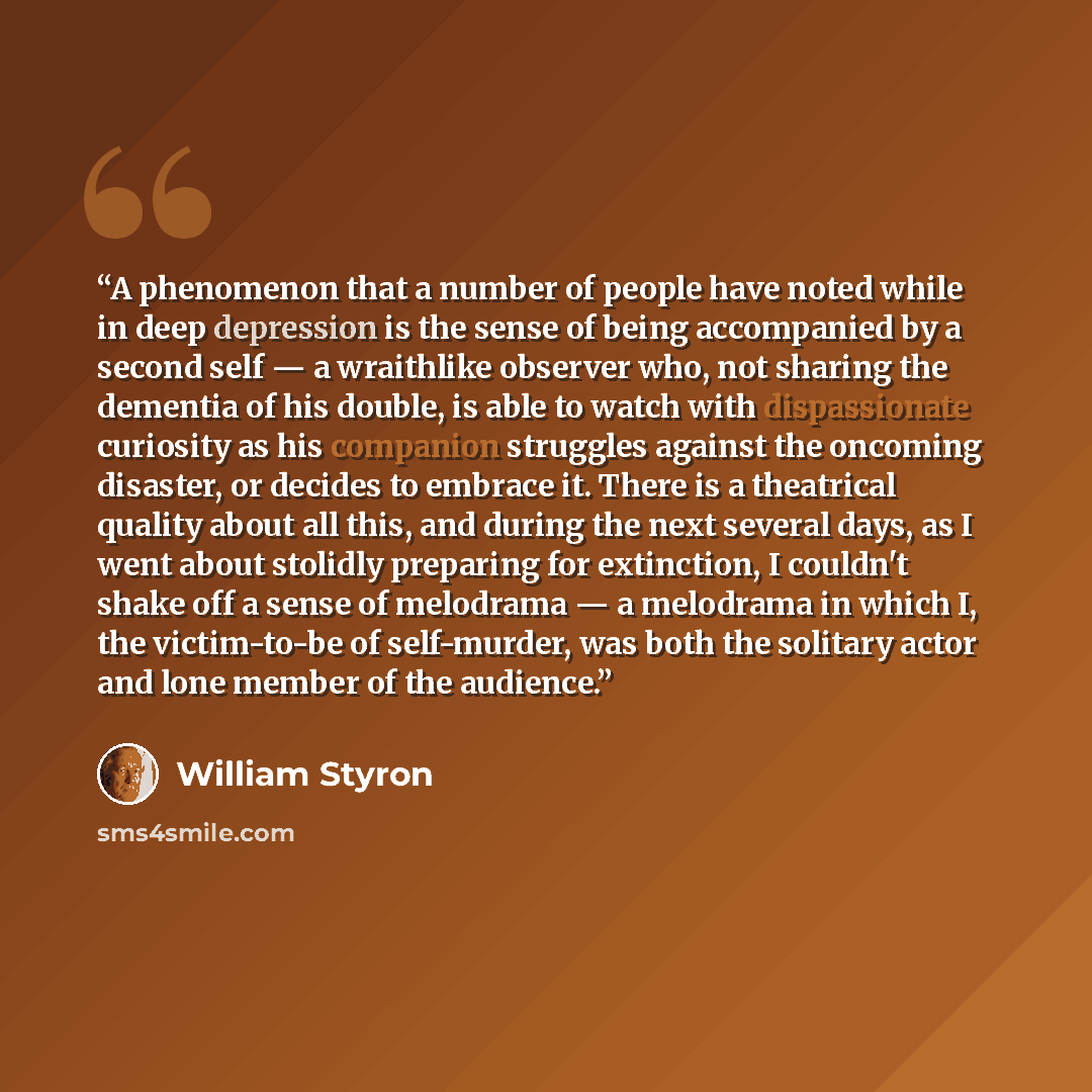 “A phenomenon that a number of people have noted while in deep depression is the sense of being accompanied by a second self — a wraithlike observer who, not sharing the dementia of his double, is able to watch with dispassionate curiosity as his companion struggles against the oncoming disaster…” quote by William Styron