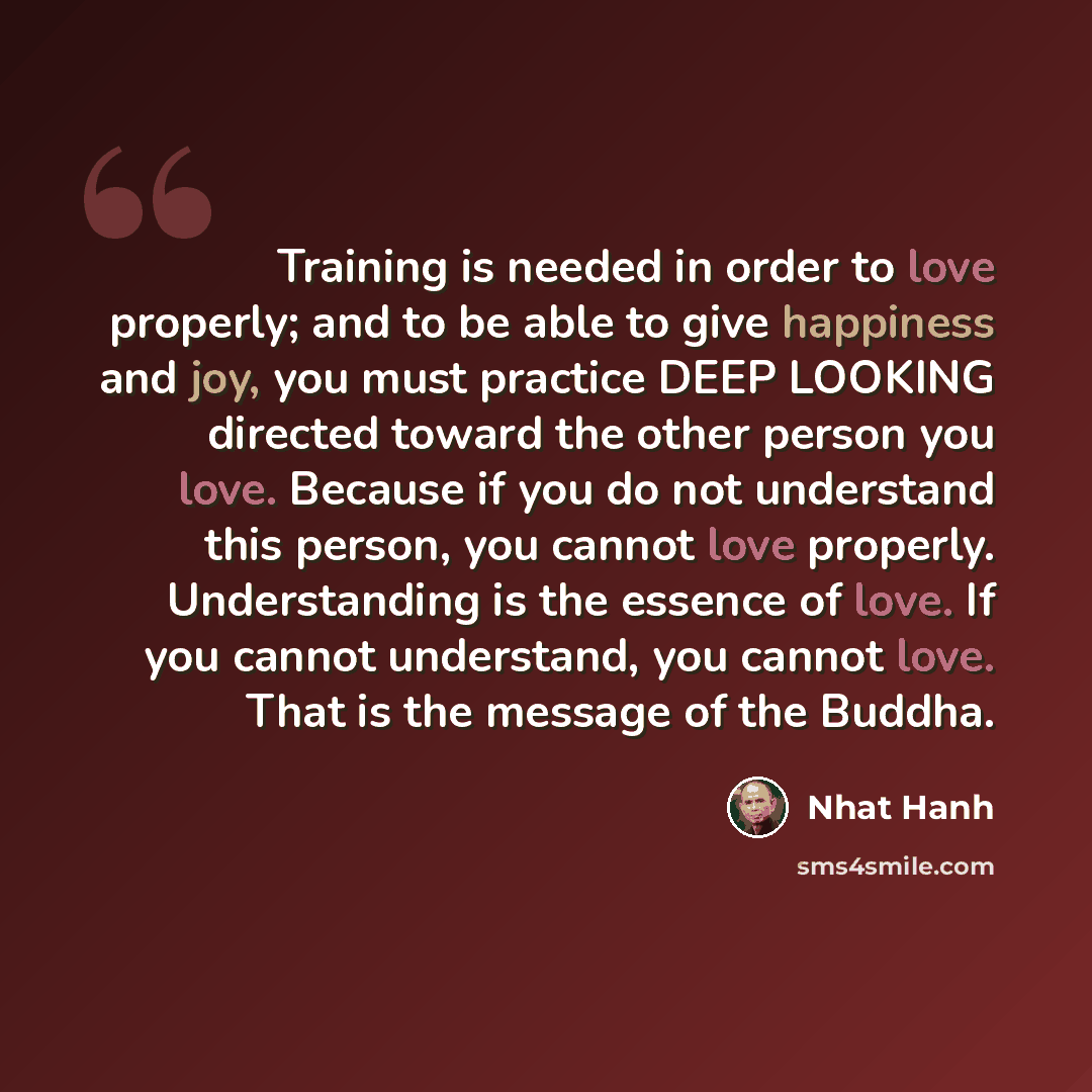 “Training is needed in order to love properly; and to be able to give happiness and joy, you must practice DEEP LOOKING directed toward the other person you love. Because if you do not understand this person, you cannot love properly. Understanding is the essence of love. If you cannot understand…” quote by Nhat Hanh