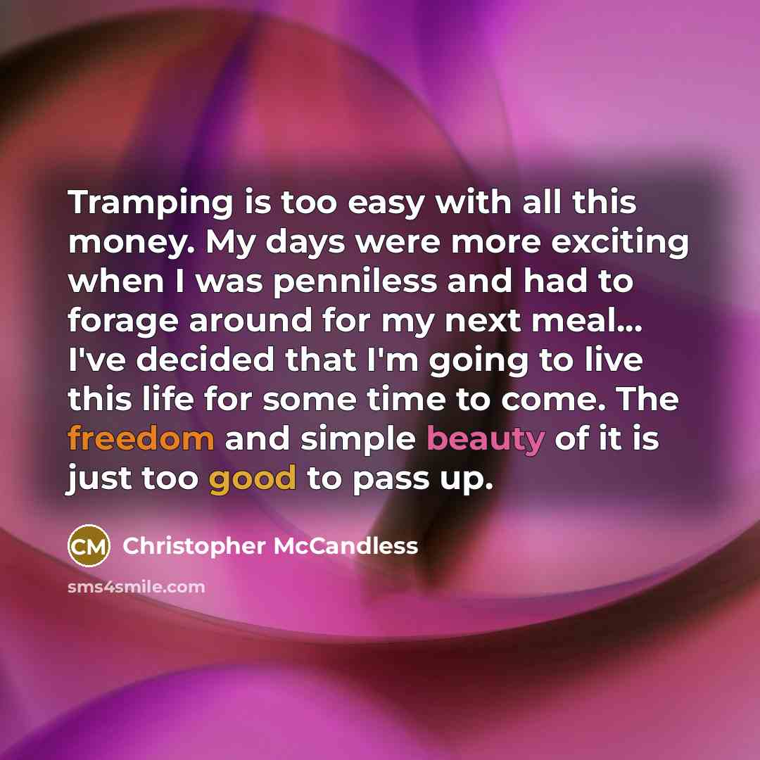 “Tramping is too easy with all this money. My days were more exciting when I was penniless and had to forage around for my next meal... I've decided that I'm going to live this life for some time to come. The freedom and simple beauty of it is just too good to pass up.” quote by Christopher McCandless