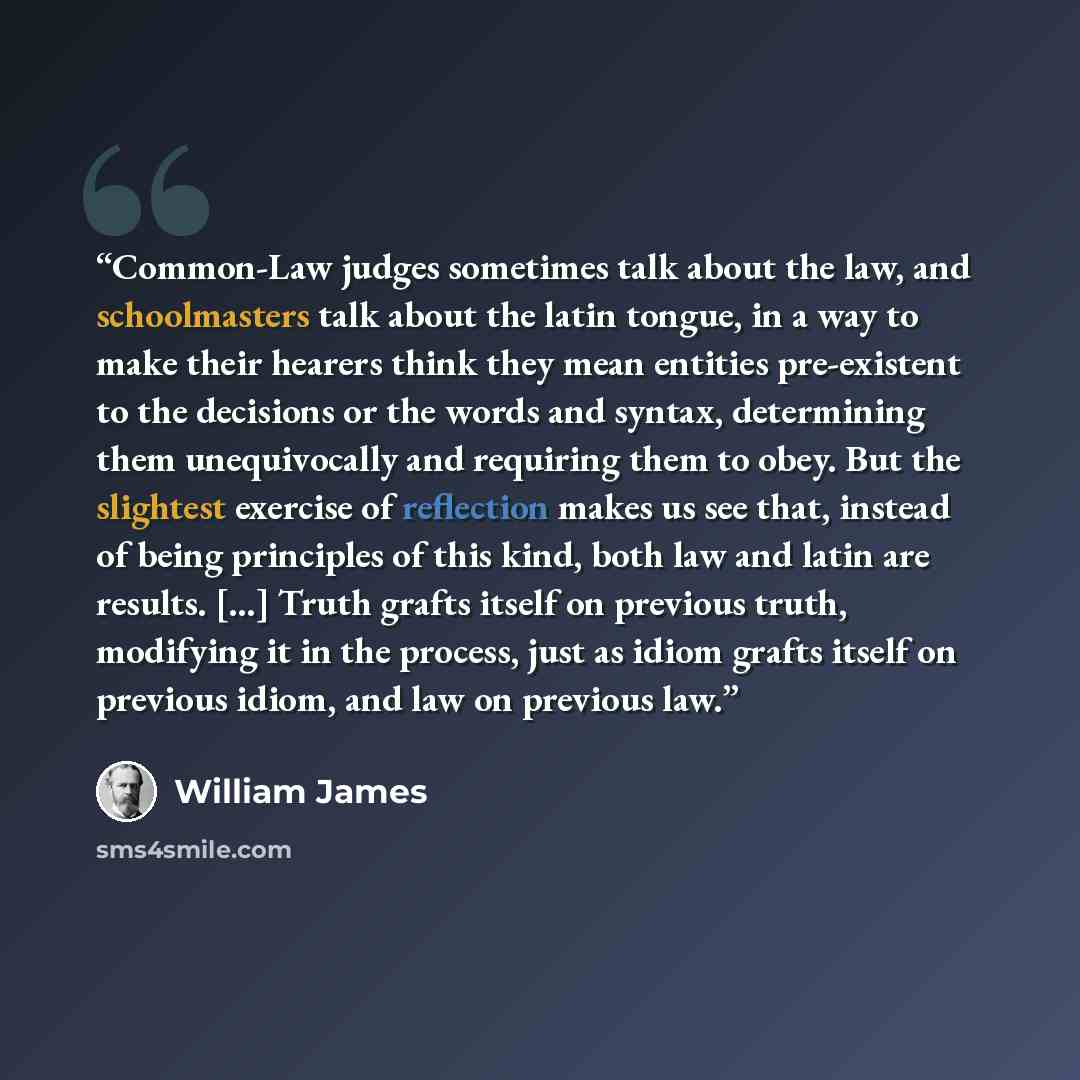 “Common-Law judges sometimes talk about the law, and schoolmasters talk about the latin tongue, in a way to make their hearers think they mean entities pre-existent to the decisions or the words and syntax, determining them unequivocally and requiring them to obey. But the slightest exercise of…” quote by William James