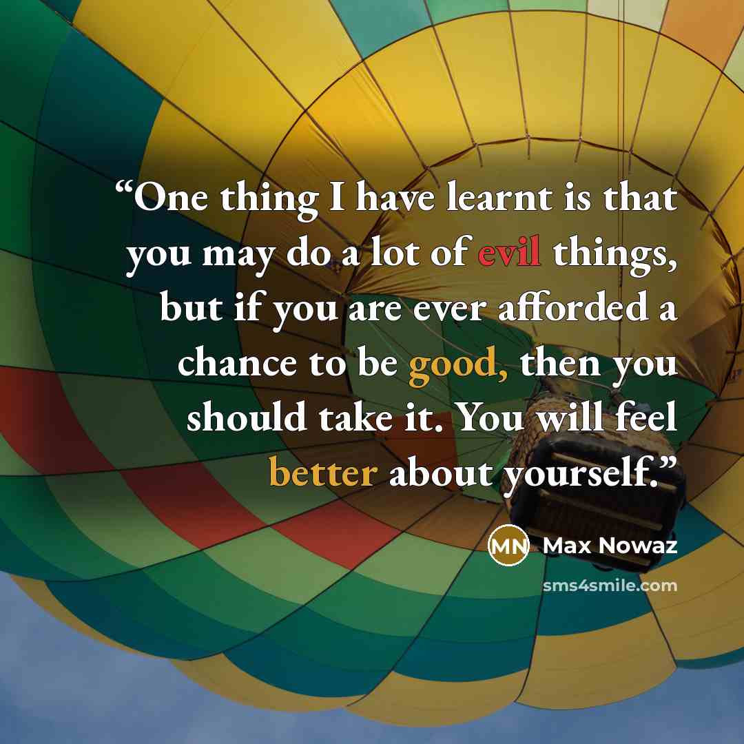 “One thing I have learnt is that you may do a lot of evil things, but if you are ever afforded a chance to be good, then you should take it. You will feel better about yourself.” quote by Max Nowaz