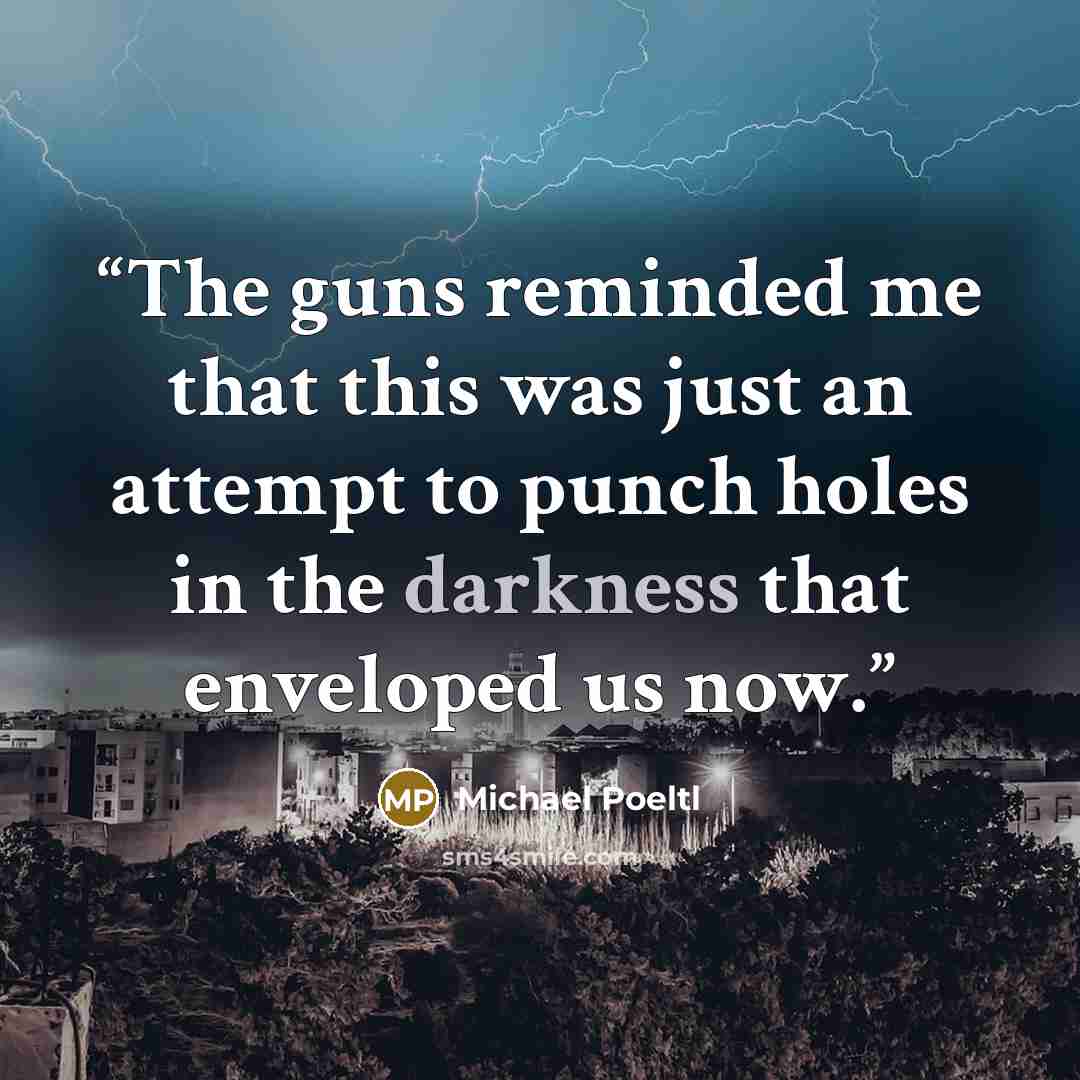 “The guns reminded me that this was just an attempt to punch holes in the darkness that enveloped us now.” quote by Michael Poeltl