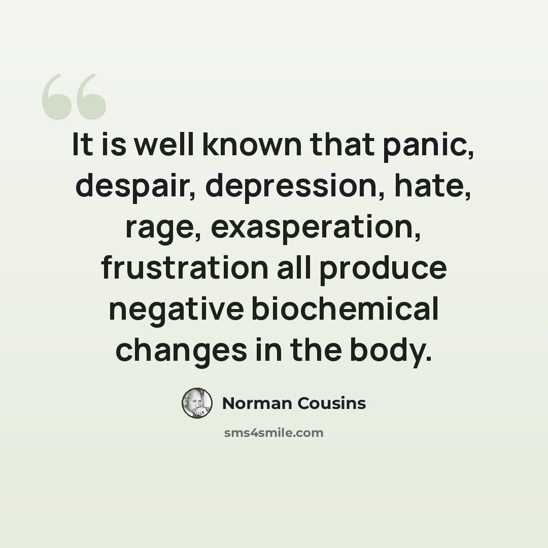 “It is well known that panic, despair, depression, hate, rage, exasperation, frustration all produce negative biochemical changes in the body.” quote by Norman Cousins