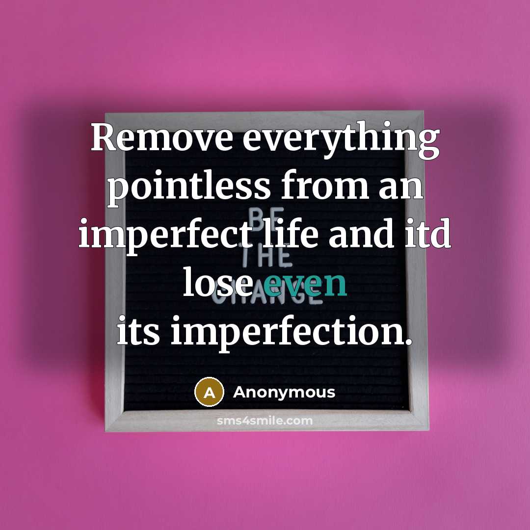 “Remove everything pointless from an imperfect life and itd lose even its imperfection.” quote by Anonymous