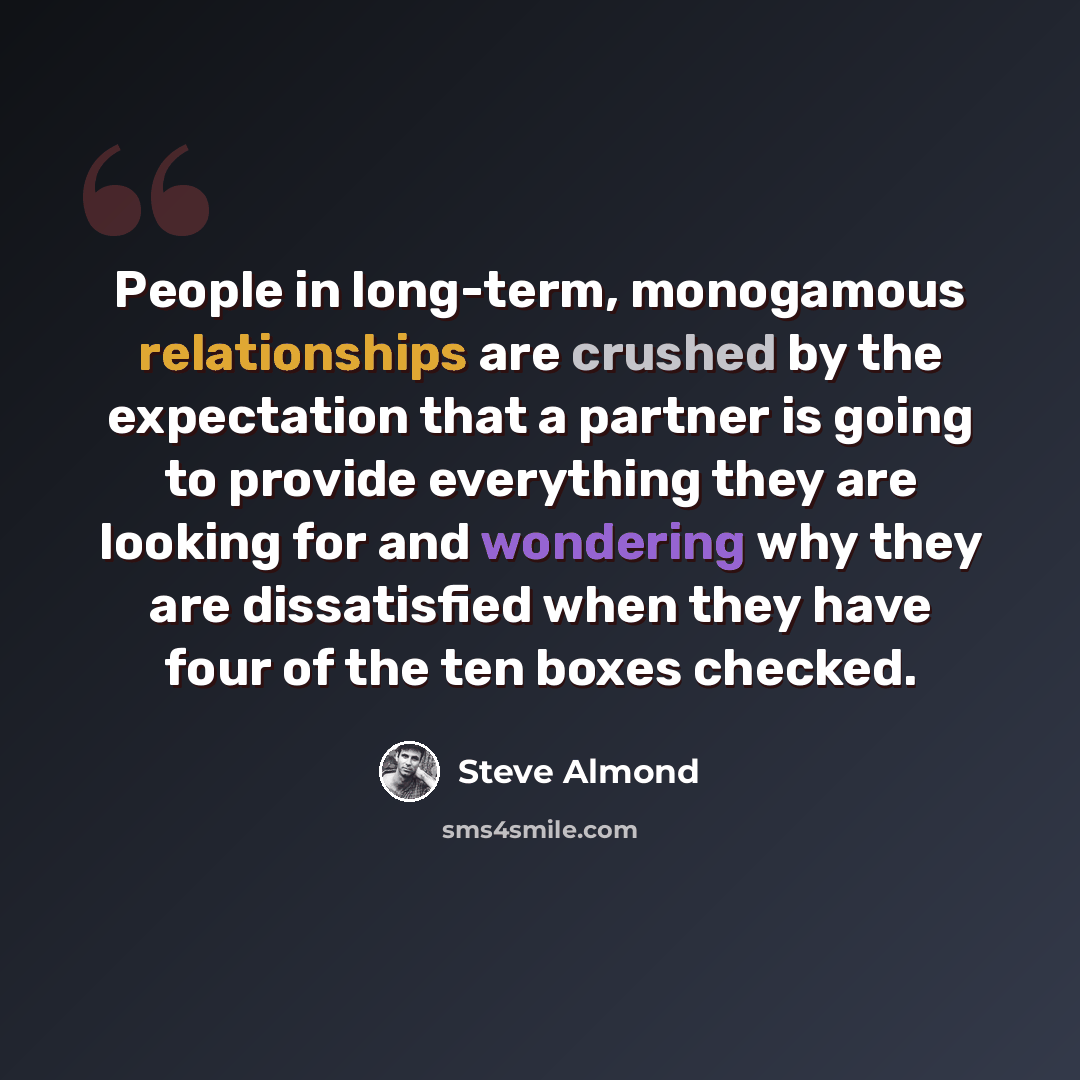 “People in long-term, monogamous relationships are crushed by the expectation that a partner is going to provide everything they are looking for and wondering why they are dissatisfied when they have four of the ten boxes checked.” quote by Steve Almond