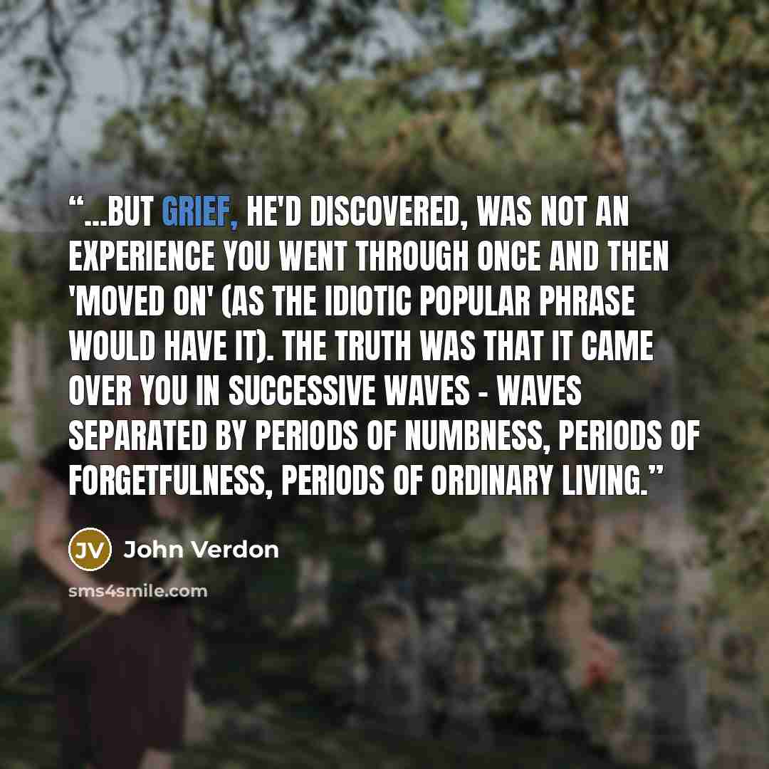 “...but grief, he'd discovered, was not an experience you went through once and then 'moved on' (as the idiotic popular phrase would have it). The truth was that it came over you in successive waves - waves separated by periods of numbness, periods of forgetfulness, periods of ordinary living.” quote by John Verdon