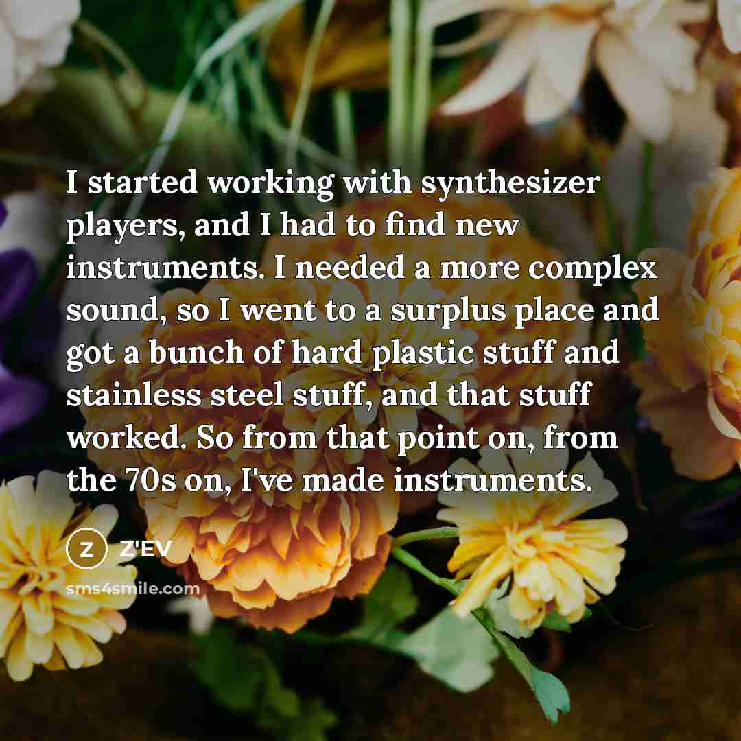 “I started working with synthesizer players, and I had to find new instruments. I needed a more complex sound, so I went to a surplus place and got a bunch of hard plastic stuff and stainless steel stuff, and that stuff worked. So from that point on, from the 70s on, I've made instruments.” quote by Z'EV