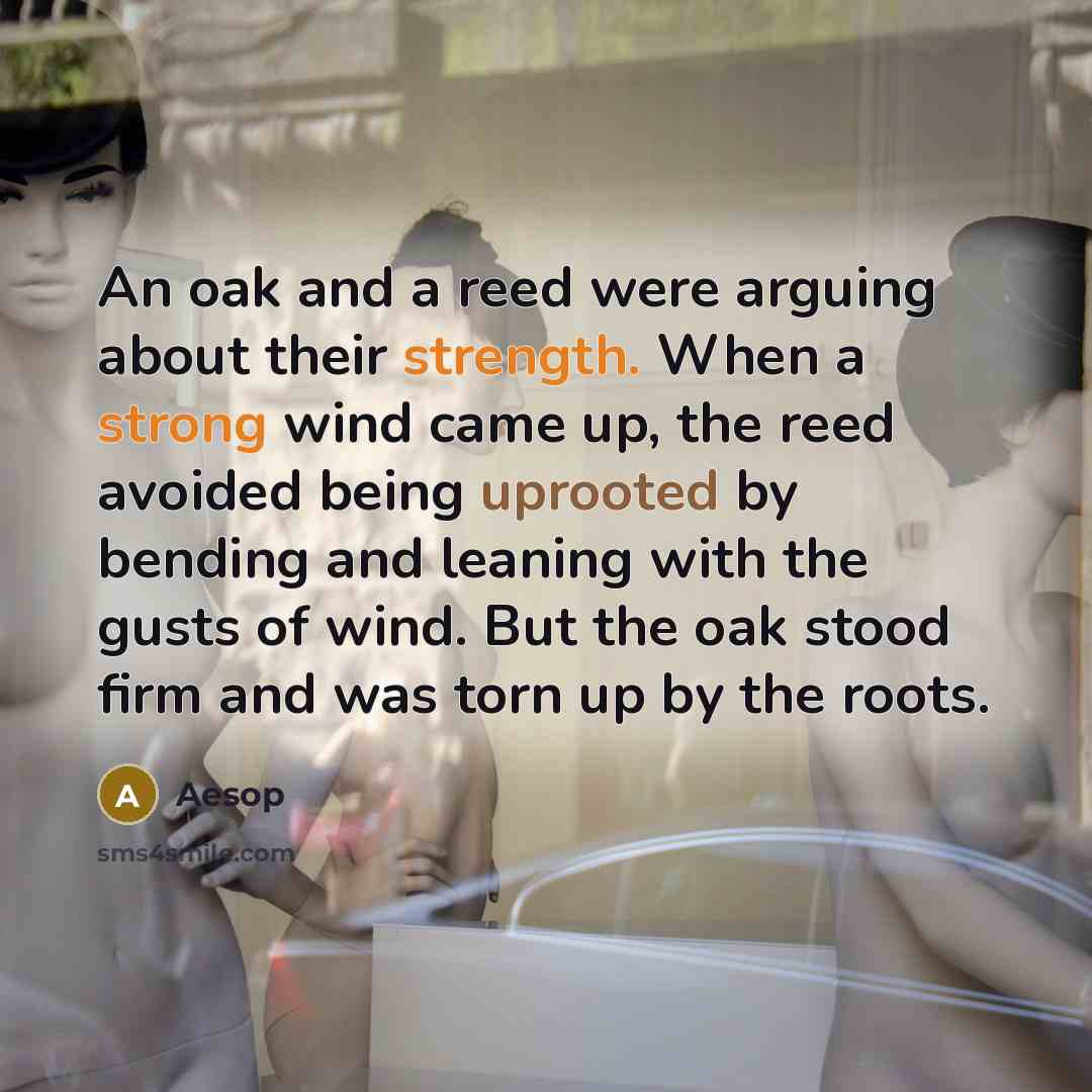 “An oak and a reed were arguing about their strength. When a strong wind came up, the reed avoided being uprooted by bending and leaning with the gusts of wind. But the oak stood firm and was torn up by the roots.” quote by Aesop