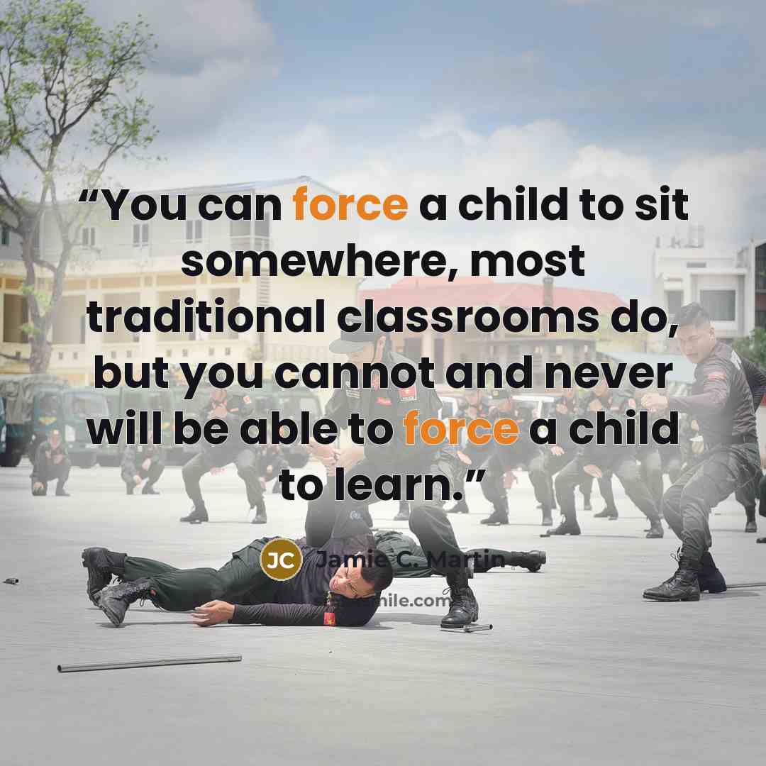 “You can force a child to sit somewhere, most traditional classrooms do, but you cannot and never will be able to force a child to learn.” quote by Jamie C. Martin