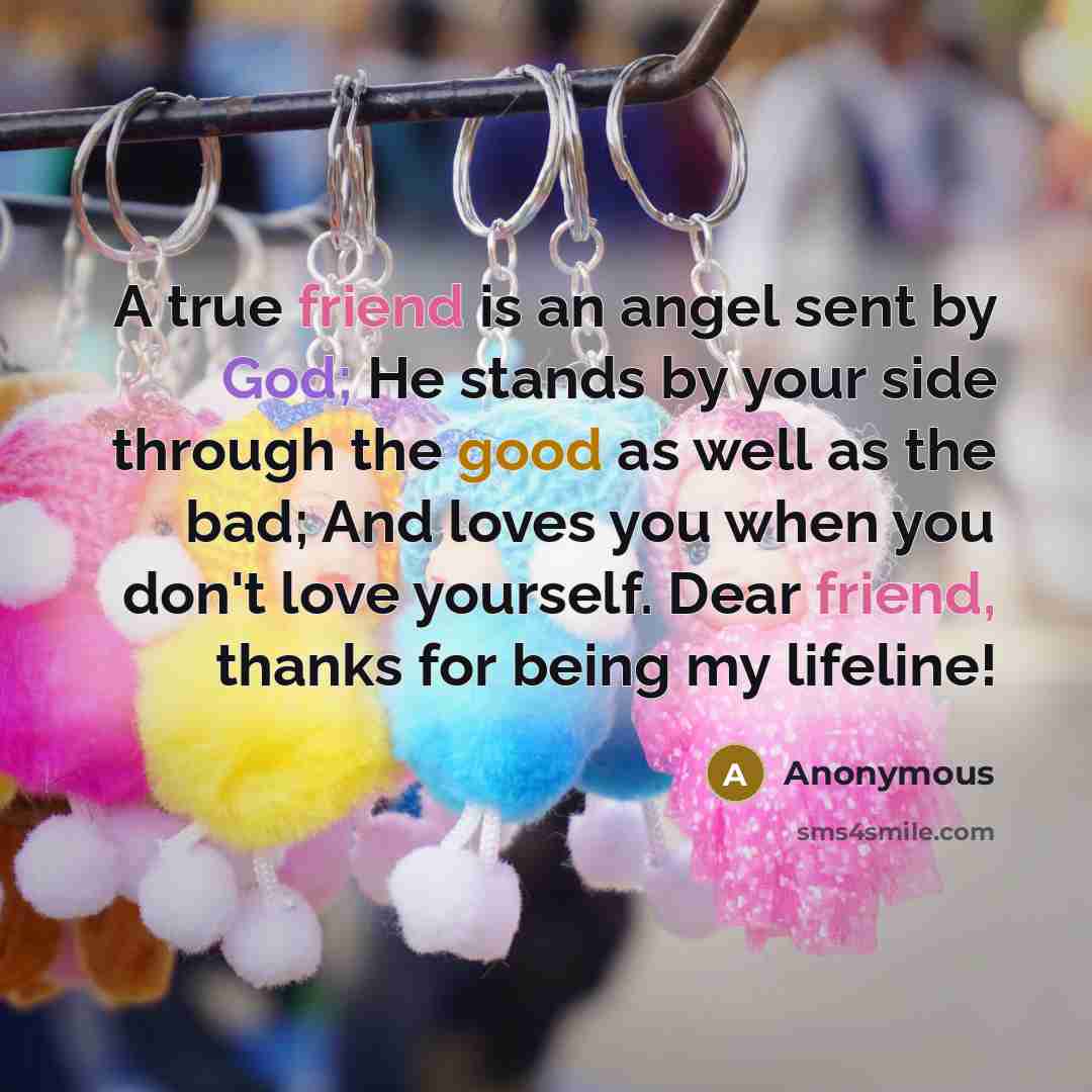 “A true friend is an angel sent by God; He stands by your side through the good as well as the bad; And loves you when you don't love yourself. Dear friend, thanks for being my lifeline!” quote by Anonymous