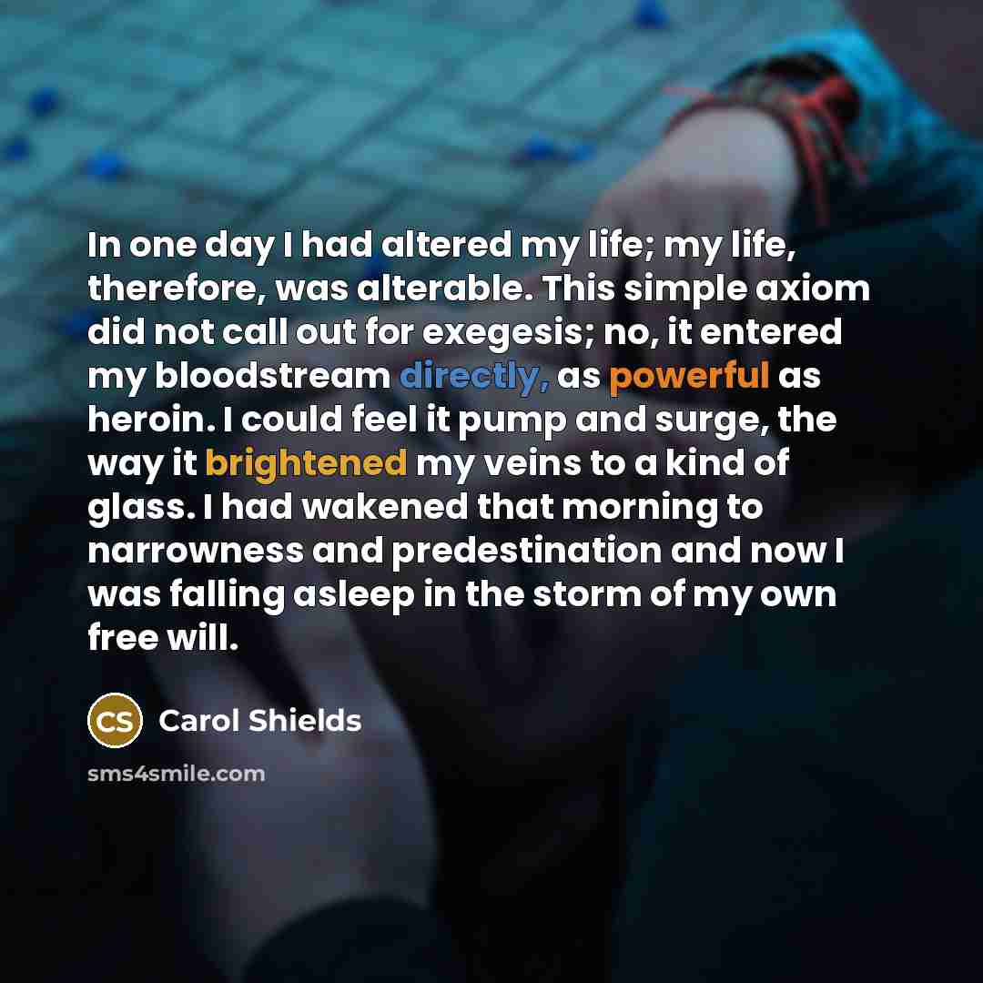 “In one day I had altered my life; my life, therefore, was alterable. This simple axiom did not call out for exegesis; no, it entered my bloodstream directly, as powerful as heroin. I could feel it pump and surge, the way it brightened my veins to a kind of glass. I had wakened that morning to…” quote by Carol Shields