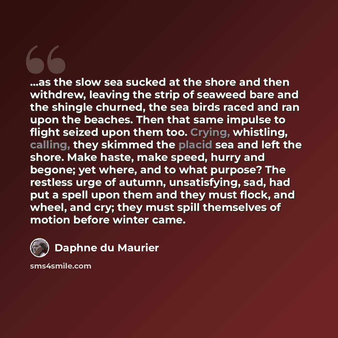 “...as the slow sea sucked at the shore and then withdrew, leaving the strip of seaweed bare and the shingle churned, the sea birds raced and ran upon the beaches. Then that same impulse to flight seized upon them too. Crying, whistling, calling, they skimmed the placid sea and left the shore. Make…” quote by Daphne du Maurier