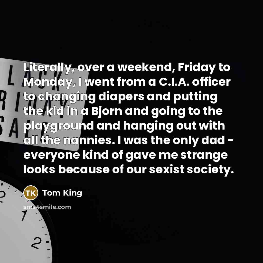 “Literally, over a weekend, Friday to Monday, I went from a C.I.A. officer to changing diapers and putting the kid in a Bjorn and going to the playground and hanging out with all the nannies. I was the only dad - everyone kind of gave me strange looks because of our sexist society.” quote by Tom King