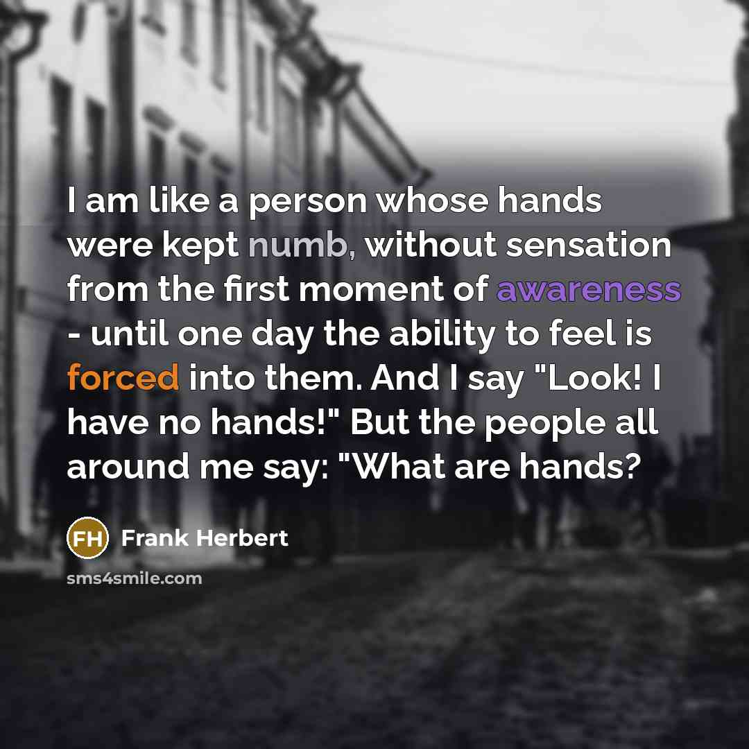 “I am like a person whose hands were kept numb, without sensation from the first moment of awareness - until one day the ability to feel is forced into them. And I say "Look! I have no hands!" But the people all around me say: "What are hands?” quote by Frank Herbert