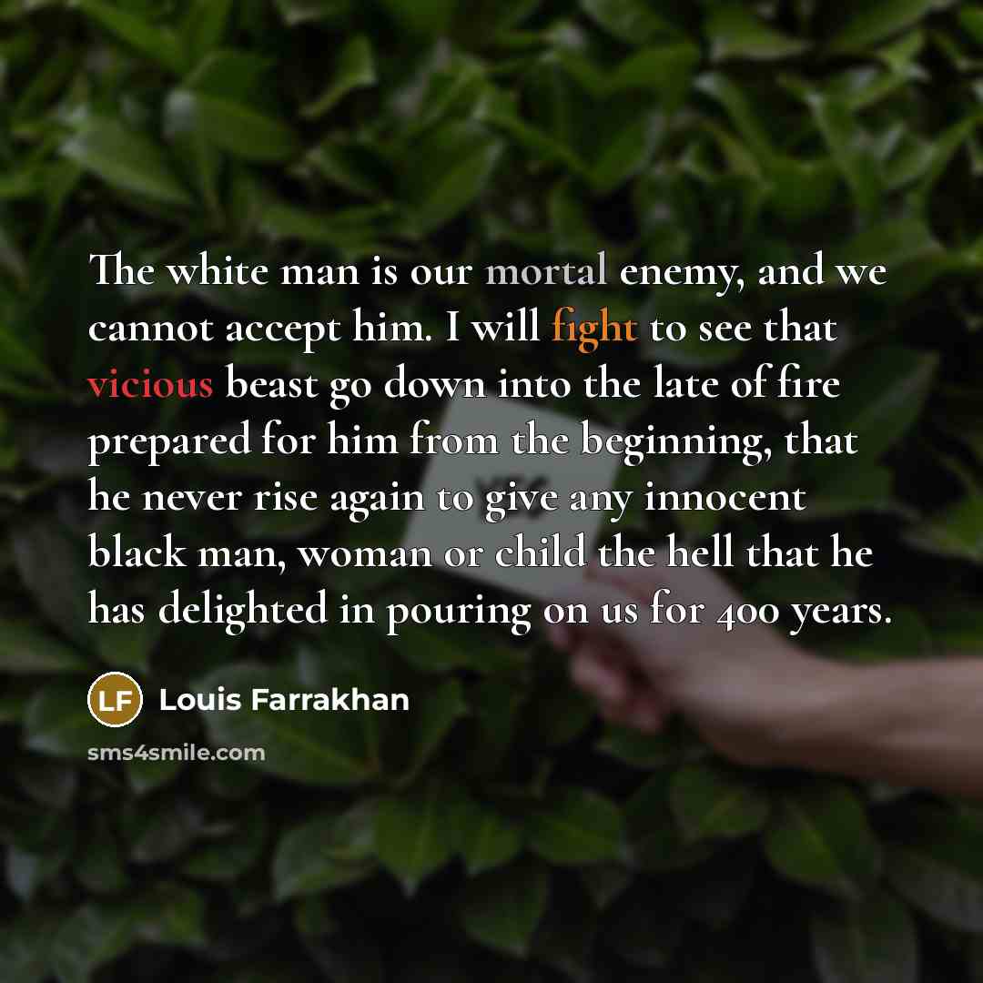 “The white man is our mortal enemy, and we cannot accept him. I will fight to see that vicious beast go down into the late of fire prepared for him from the beginning, that he never rise again to give any innocent black man, woman or child the hell that he has delighted in pouring on us for 400…” quote by Louis Farrakhan