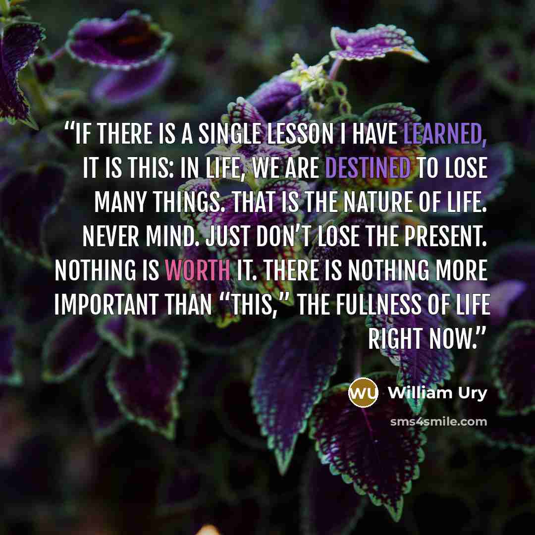 “If there is a single lesson I have learned, it is this: in life, we are destined to lose many things. That is the nature of life. Never mind. Just don’t lose the present. Nothing is worth it. There is nothing more important than “this,” the fullness of life right now.” quote by William Ury