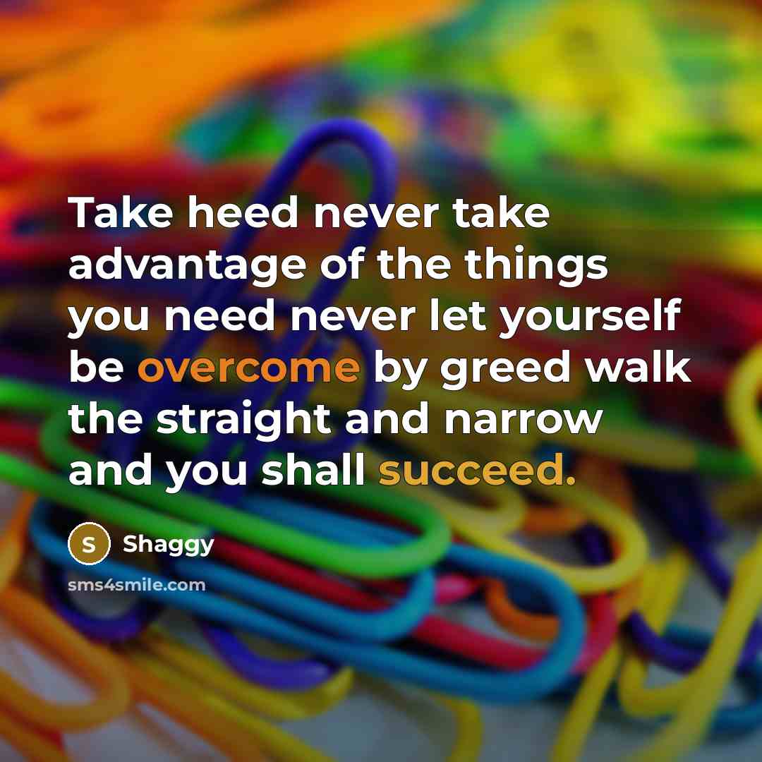 “Take heed never take advantage of the things you need never let yourself be overcome by greed walk the straight and narrow and you shall succeed.” quote by Shaggy