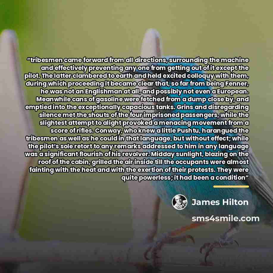 “tribesmen came forward from all directions, surrounding the machine and effectively preventing any one from getting out of it except the pilot. The latter clambered to earth and held excited colloquy with them, during which proceeding it became clear that, so far from being Fenner, he was not an…” quote by James Hilton