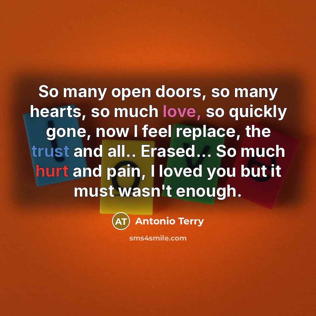 “So many open doors, so many hearts, so much love, so quickly gone, now I feel replace, the trust and all.. Erased... So much hurt and pain, I loved you but it must wasn't enough.” quote by Antonio Terry