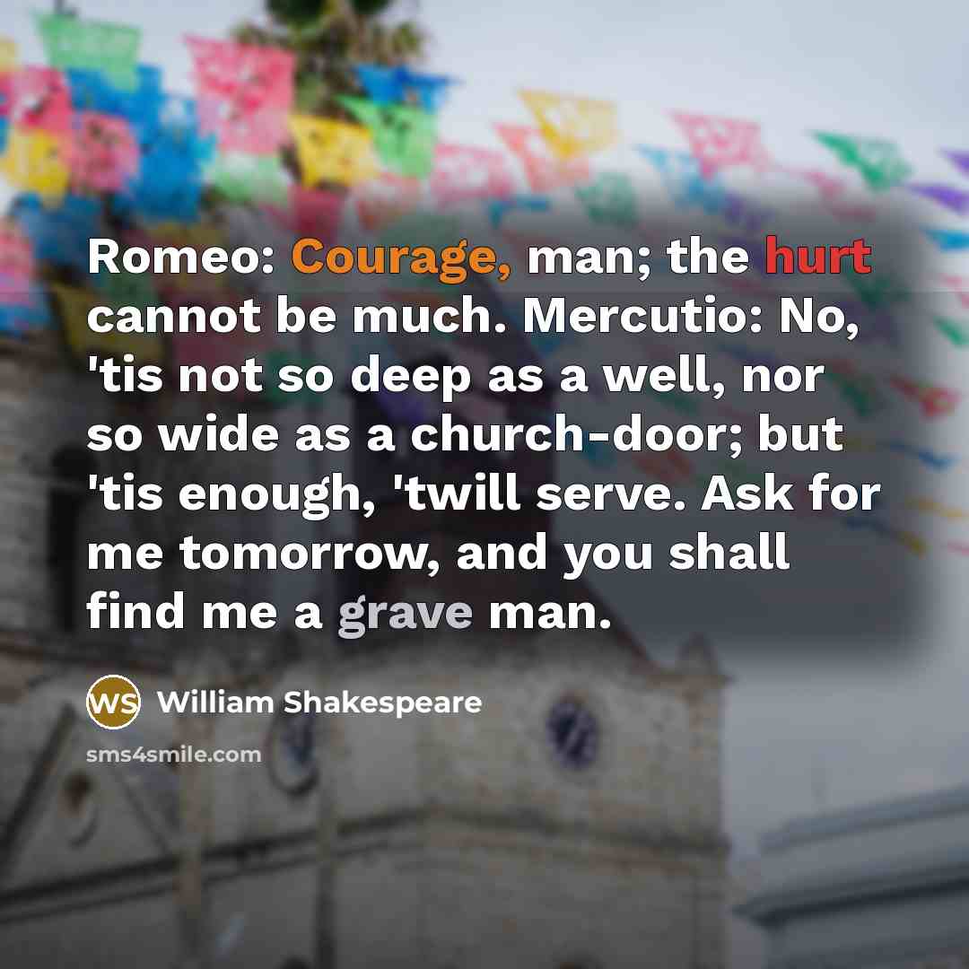“Romeo: Courage, man; the hurt cannot be much. Mercutio: No, 'tis not so deep as a well, nor so wide as a church-door; but 'tis enough, 'twill serve. Ask for me tomorrow, and you shall find me a grave man.” quote by William Shakespeare