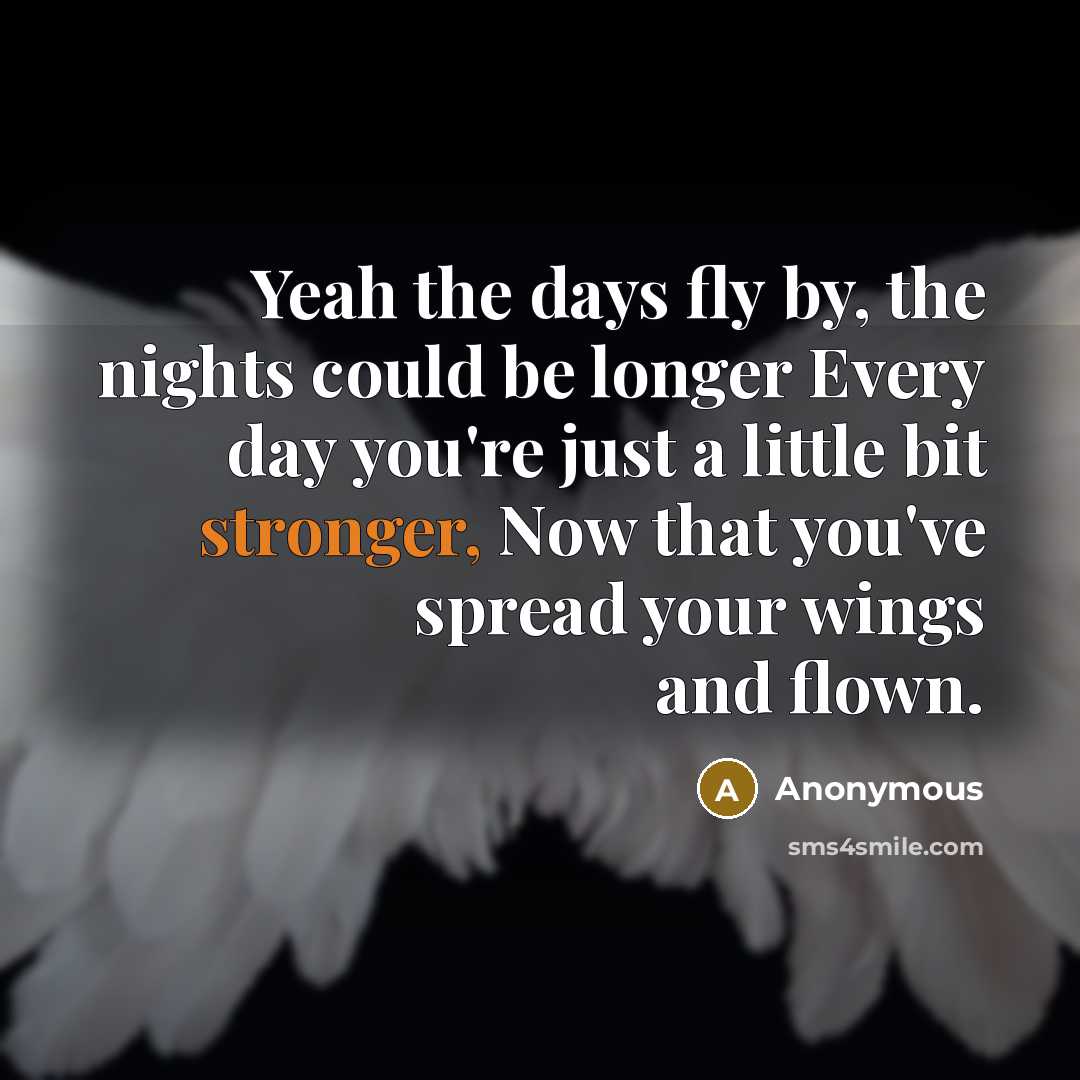 “Yeah the days fly by, the nights could be longer Every day you're just a little bit stronger, Now that you've spread your wings and flown.” quote by Anonymous