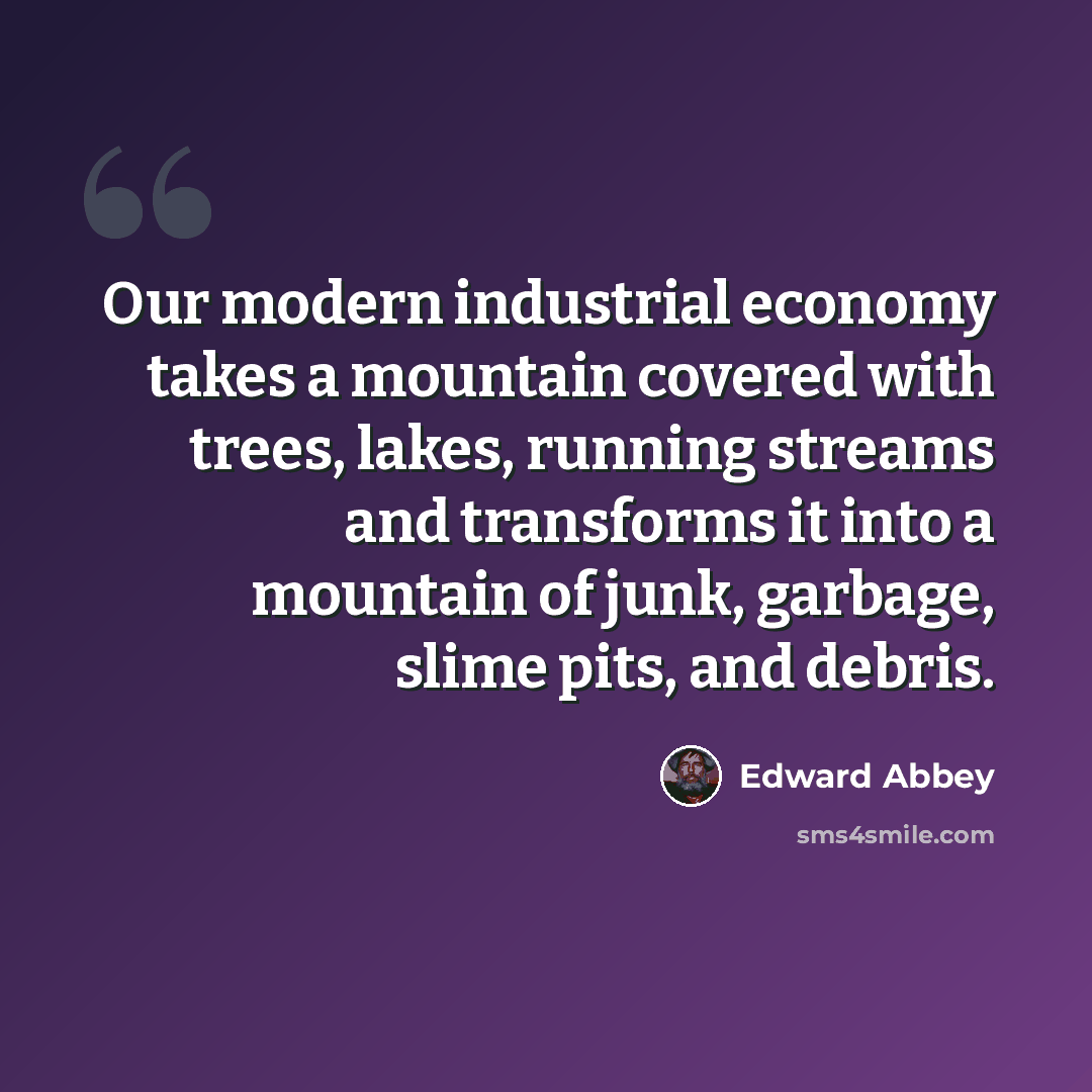 “Our modern industrial economy takes a mountain covered with trees, lakes, running streams and transforms it into a mountain of junk, garbage, slime pits, and debris.” quote by Edward Abbey