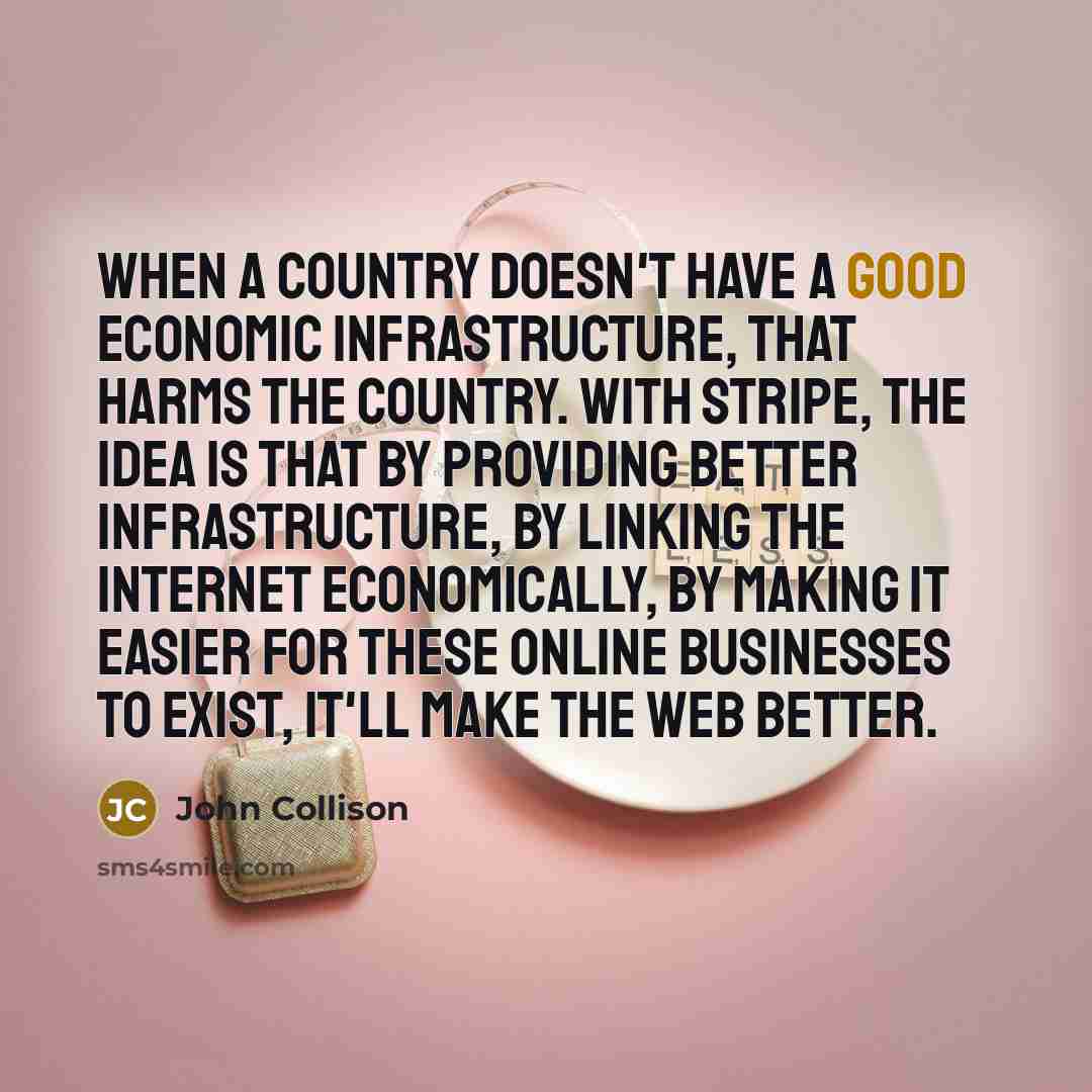 “When a country doesn't have a good economic infrastructure, that harms the country. With Stripe, the idea is that by providing better infrastructure, by linking the Internet economically, by making it easier for these online businesses to exist, it'll make the web better.” quote by John Collison