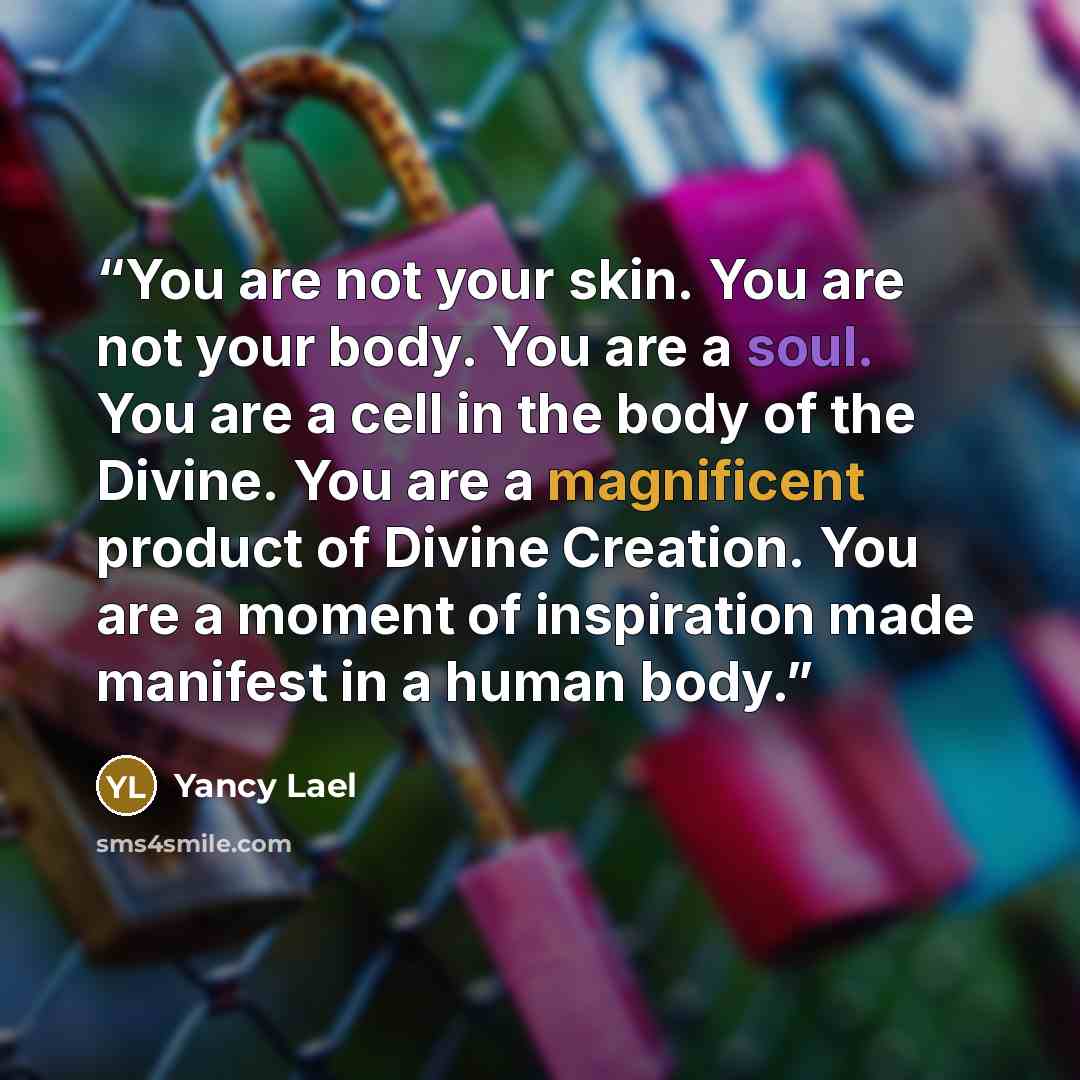 “You are not your skin. You are not your body. You are a soul. You are a cell in the body of the Divine. You are a magnificent product of Divine Creation. You are a moment of inspiration made manifest in a human body.” quote by Yancy Lael