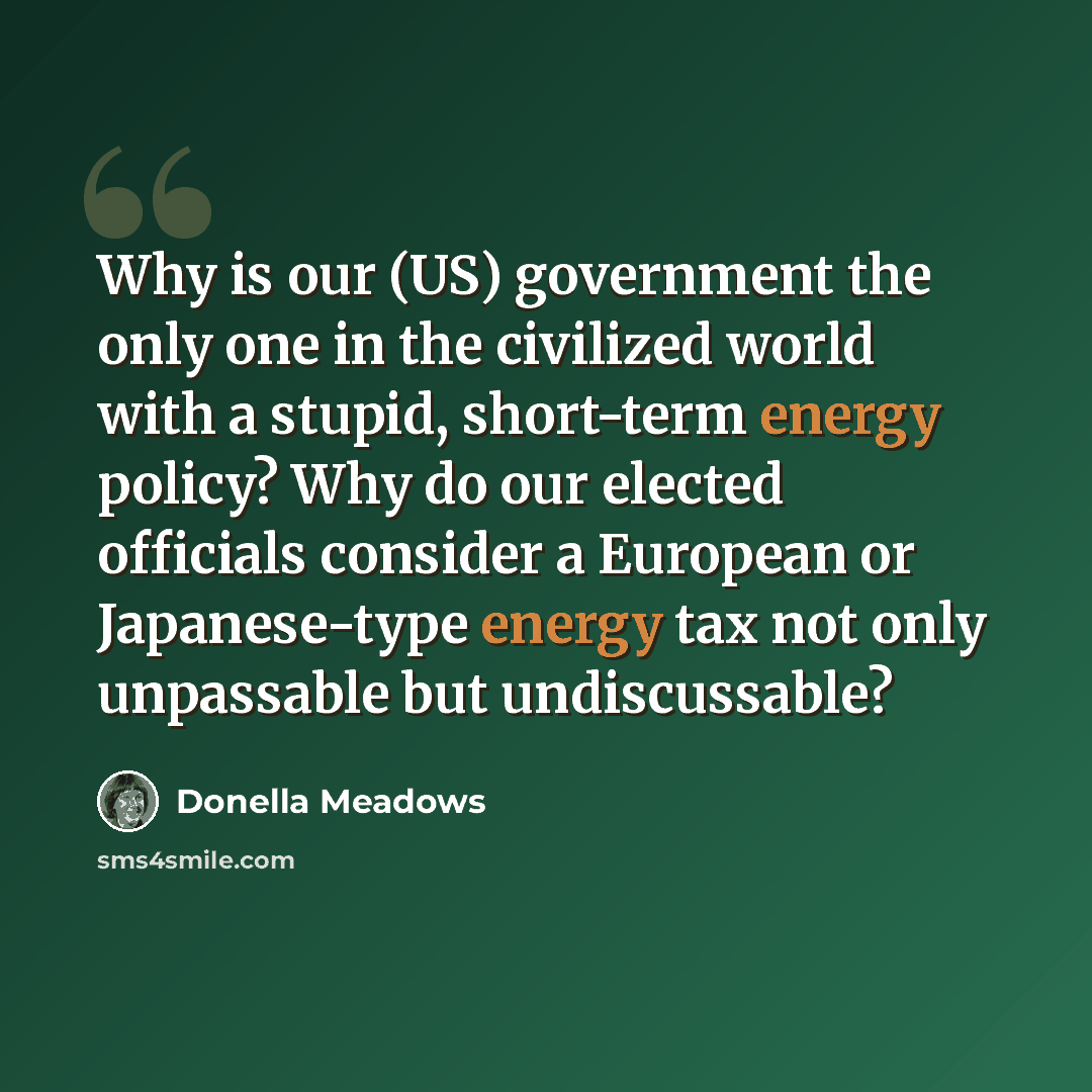 “Why is our (US) government the only one in the civilized world with a stupid, short-term energy policy? Why do our elected officials consider a European or Japanese-type energy tax not only unpassable but undiscussable?” quote by Donella Meadows