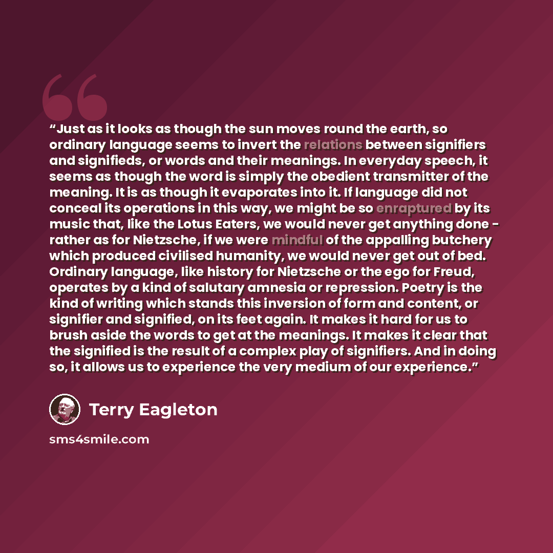 “Just as it looks as though the sun moves round the earth, so ordinary language seems to invert the relations between signifiers and signifieds, or words and their meanings. In everyday speech, it seems as though the word is simply the obedient transmitter of the meaning. It is as though it…” quote by Terry Eagleton