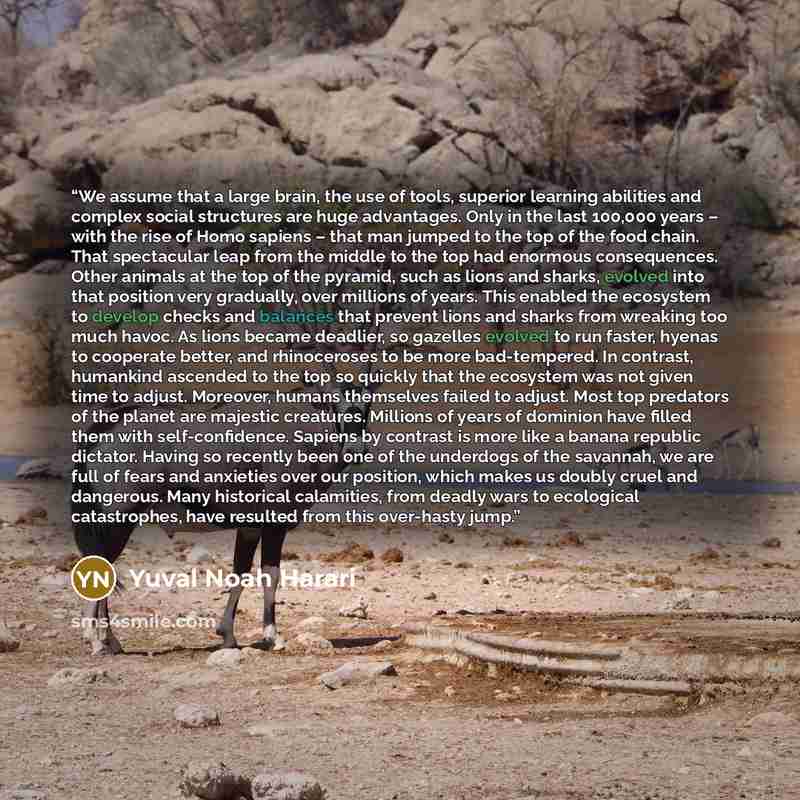 “We assume that a large brain, the use of tools, superior learning abilities and complex social structures are huge advantages. Only in the last 100,000 years – with the rise of Homo sapiens – that man jumped to the top of the food chain. That spectacular leap from the middle to the top had…” quote by Yuval Noah Harari