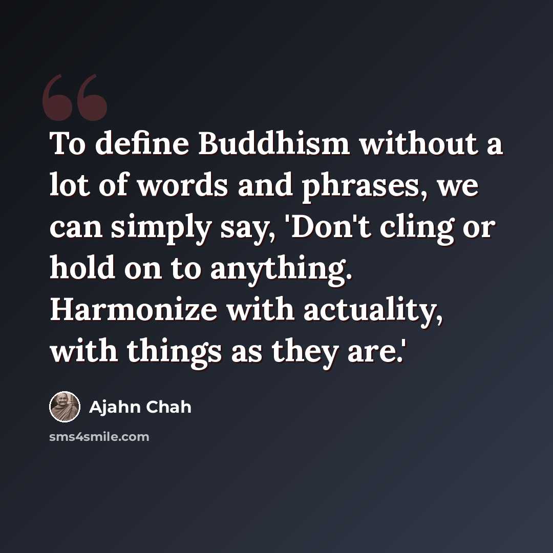 “To define Buddhism without a lot of words and phrases, we can simply say, 'Don't cling or hold on to anything. Harmonize with actuality, with things as they are.'” quote by Ajahn Chah