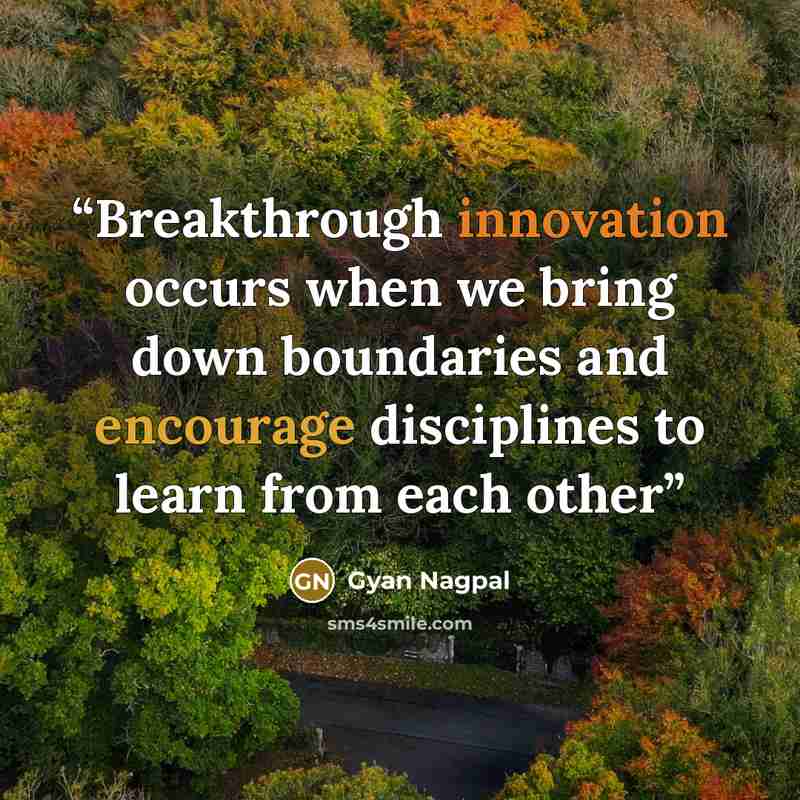 “Breakthrough innovation occurs when we bring down boundaries and encourage disciplines to learn from each other” quote by Gyan Nagpal