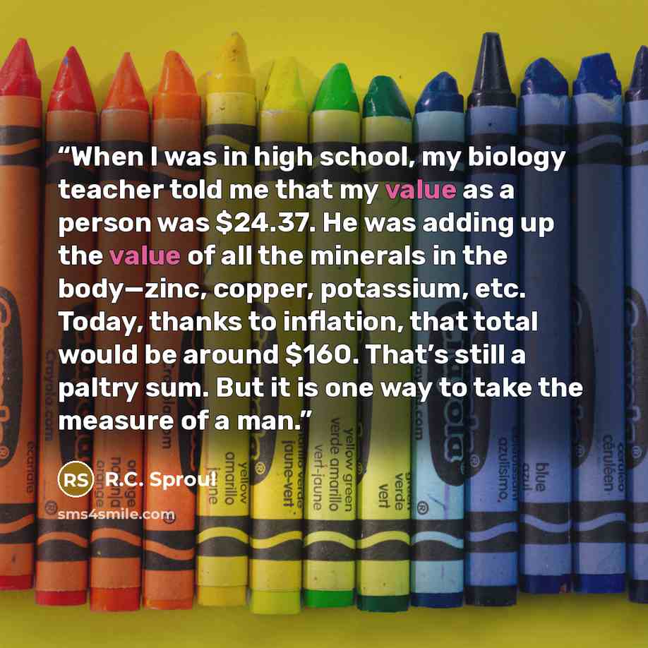 “When I was in high school, my biology teacher told me that my value as a person was $24.37. He was adding up the value of all the minerals in the body—zinc, copper, potassium, etc. Today, thanks to inflation, that total would be around $160. That’s still a paltry sum. But it is one way to take the…” quote by R.C. Sproul