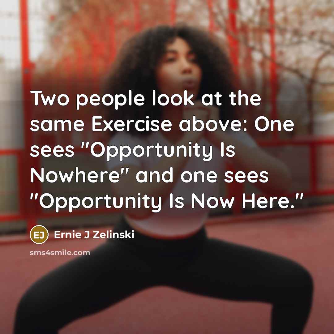 “Two people look at the same Exercise above: One sees "Opportunity Is Nowhere" and one sees "Opportunity Is Now Here."” quote by Ernie J Zelinski