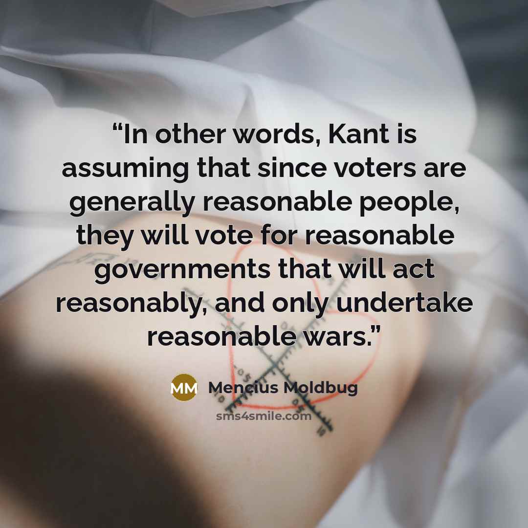 “In other words, Kant is assuming that since voters are generally reasonable people, they will vote for reasonable governments that will act reasonably, and only undertake reasonable wars.” quote by Mencius Moldbug