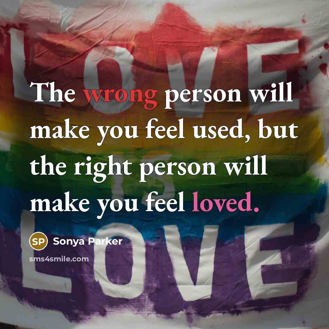 “The wrong person will make you feel used, but the right person will make you feel loved.” quote by Sonya Parker