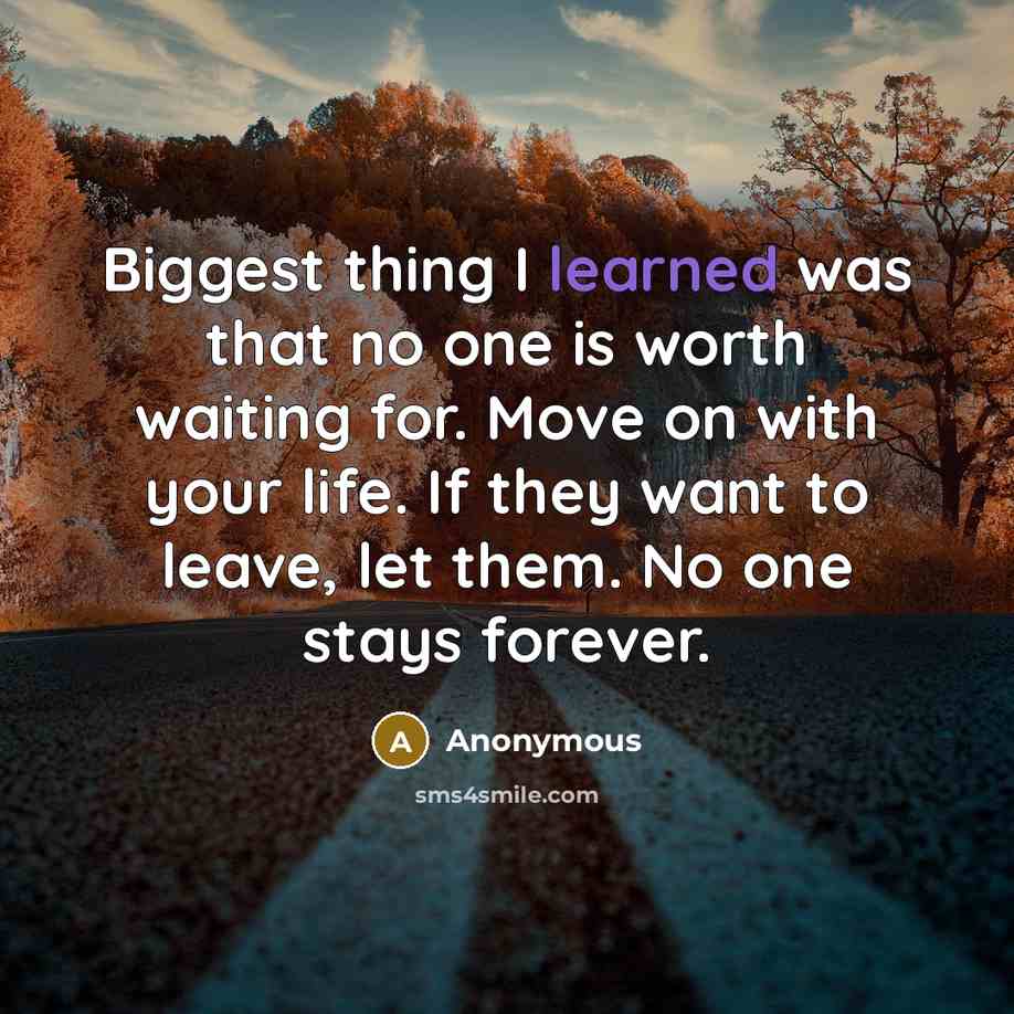 “Biggest thing I learned was that no one is worth waiting for. Move on with your life. If they want to leave, let them. No one stays forever.” quote by Anonymous