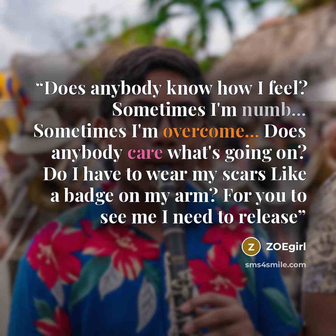 “Does anybody know how I feel? Sometimes I'm numb... Sometimes I'm overcome... Does anybody care what's going on? Do I have to wear my scars Like a badge on my arm? For you to see me I need to release” quote by Zoegirl
