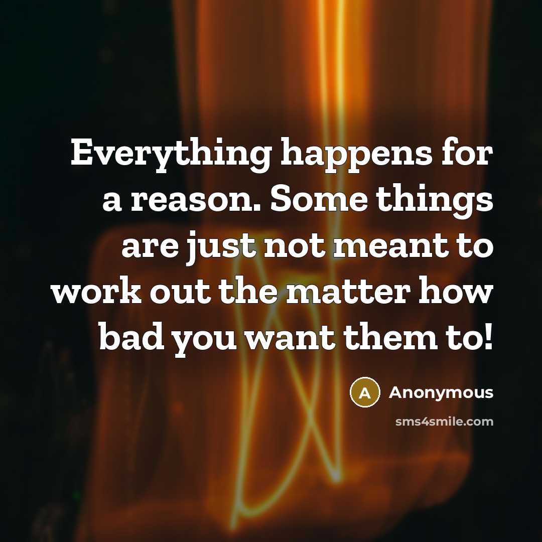 “Everything happens for a reason. Some things are just not meant to work out the matter how bad you want them to!” quote by Anonymous
